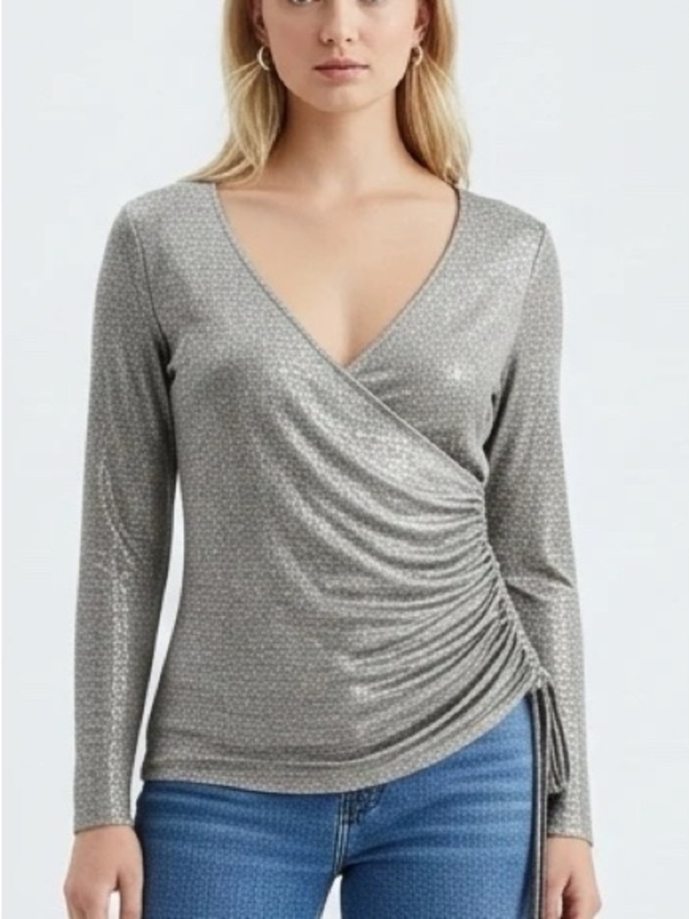 Trouve Metallic Long Sleeve Wrap Top